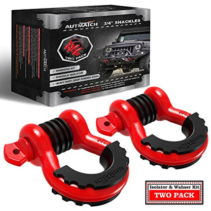 AUTMATCH D Ring Shackle 3/4" Shackles (2 Pack) 41,887Ibs Break Strength - Clevis Shackles with 7/8" Screw Pin and Shackle Isolator Washers Kit for Tow Strap Winch Off Road Vehicle Recovery, Red - color: Red