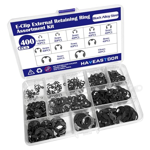 400PCS 10 Size E-Clips Assortment Kit Black Alloy Steel E Clip Circlip External Retaining Ring Washer Includes Sizes 1.5mm-10mm HE002