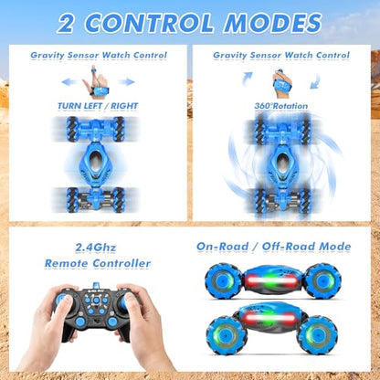 Fosgoit RC Car Gesture Sensing Stunt Car, Toys for Boys Girls 6-12, Gifts | Remote Control Car, Gifts for Boys 6 7 8 9 10 11 12 Years Old, Boys and Girls Toys Age 6+, 4WD Transform Drift RC Cars - color: Blue-black
