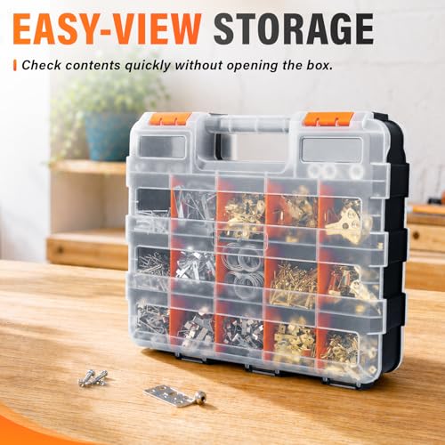 DIYSELF Screw Organizer, Double-Sided 34-Compartment Small Parts Organizer | Hardware Organizers with Adjustable Space, Clear-Lid Compartment Storage Box for Hardware, Crafts, Beads, Nuts and Bolts - size: 1 Pack