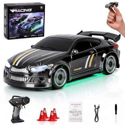 Mini RC Drift Car 1/64, Micro Remote Control Car with Led Lighting | 2.4ghz stunt pocket desktop drift cars with 4 obstacles & joystick control, adjustable dual speed modes - color: 1 Pc Black