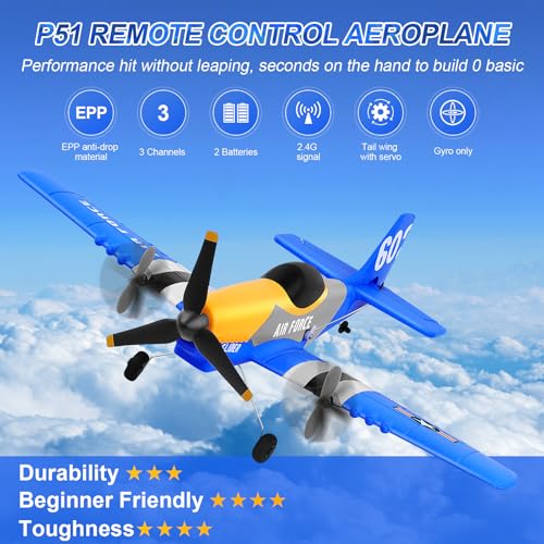 P-51D 3-Channel RC Plane with 2 Batteries, Blue | 2.4GHz gyro-stabilized fighter airplane designed for hand launch or ground takeoff by beginners, kids and adults.