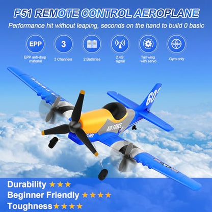 P-51D 3-Channel RC Plane with 2 Batteries, Blue | 2.4GHz gyro-stabilized fighter airplane designed for hand launch or ground takeoff by beginners, kids and adults.