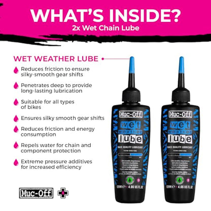 Muc-Off Chain Wet Lube 120ml 2-Pack | Biodegradable Bicycle Chain Lubricant Wet | Reduces Friction & Extends Chain Life | Wax-Based Formula Repels Water | Suitable for MTB & Road Bikes - size: 120mL (Pack of 02)