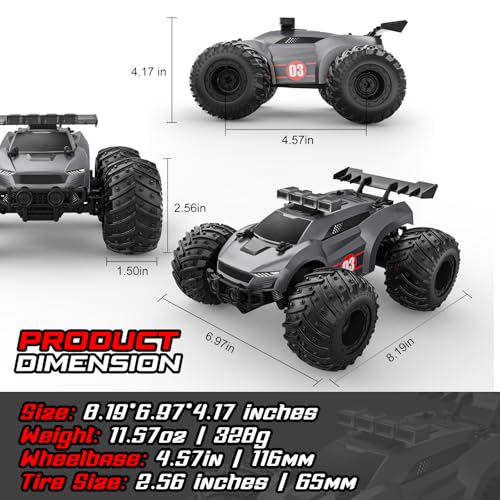 EpochAir 1:18 Remote Control Car 20km/h with 2 Rechargeable Battery 2.4GHz | All Terrain Off-Road Monster Truck with Bodylights&Headlights &Headlamps, Toy Car Gift for 3-12 Year Old Boys Girls Kids - color: Gray