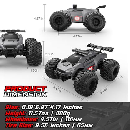 EpochAir 1:18 Remote Control Car 20km/h with 2 Rechargeable Battery 2.4GHz | All Terrain Off-Road Monster Truck with Bodylights&Headlights &Headlamps, Toy Car Gift for 3-12 Year Old Boys Girls Kids - color: Gray