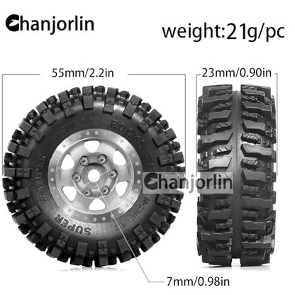 1/24 1/18 RC Crawler Tires and Beadlock Wheels Rims Offset -2.5mm 1.0 Super Soft Sticky Mud Terrain Rock Tyres OD 55mm For 1:24 1:18 Car Axial SCX24 FMS AX24 FCX18 FCX24 TRX4M 4Pcs (Silver) - color: Silver
