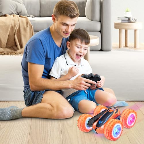 Remote Control Car, 2.4GHz Electric Race Stunt Car, 360° Rotating RC Car | Kids Car Toys, LED Headlights Double Sided RC 4WD High Speed Off Road Gift for 3 4 5 6 7 8-12 Year Old Boy Toys (Orange) - color: Orange