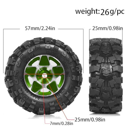 REDSPIDER 1.0 Beadlock Wheels and Tires Set（4pcs） 1.0 Crawler Tires 57 * 25mm Aluminum Alloy 1.0 Wheel 1/18 1/24 RC Crawler Tires for SCX24 TRX4M FMS FCX24 FCX18 AX24 (Green) - color: Green