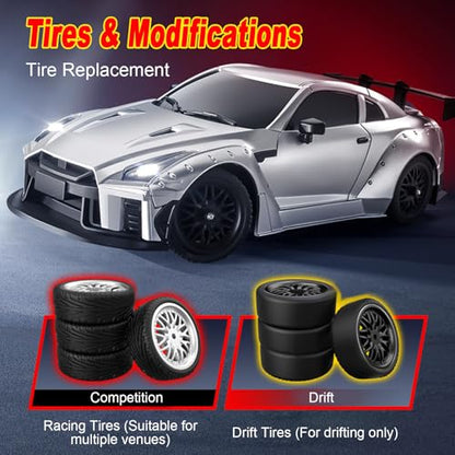 MN-268 RC Drift Car, 1:16 Scale High Speed 20 KPH Racing Drift Car with Gyro, LED Lights and Drift Tires, 2.4G Hobby RC Cars Gift for Adults and Teens (Silver) - color: Silver, size: 2 Batteries