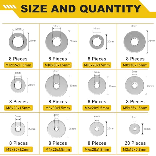 108Pcs 304 Stainless Steel Flat Washers, Fender Washers Assortment Kit 12 Sizes (M3-M12) Metal Washers for Screws Bolts Large and Small Hardware for Various Home Industrial Automotive - size: 12 Sizes 108 Pieces