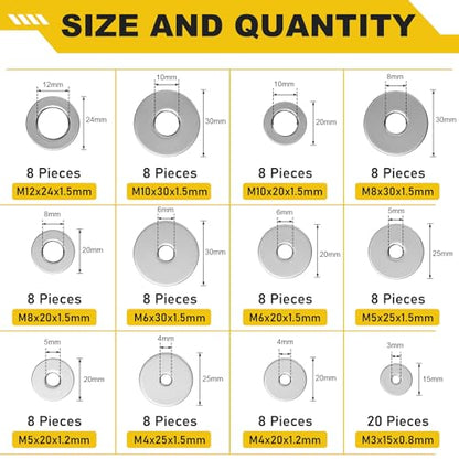 108Pcs 304 Stainless Steel Flat Washers, Fender Washers Assortment Kit 12 Sizes (M3-M12) Metal Washers for Screws Bolts Large and Small Hardware for Various Home Industrial Automotive - size: 12 Sizes 108 Pieces