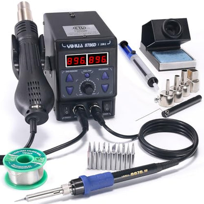 YIHUA 8786D I 2 in 1 Hot Air Rework and Soldering Iron Station with 10 Solder Iron Tips, 4 Hot Air Nozzles, °F /°C, Cool/Hot Air Conversion and Sleep Function