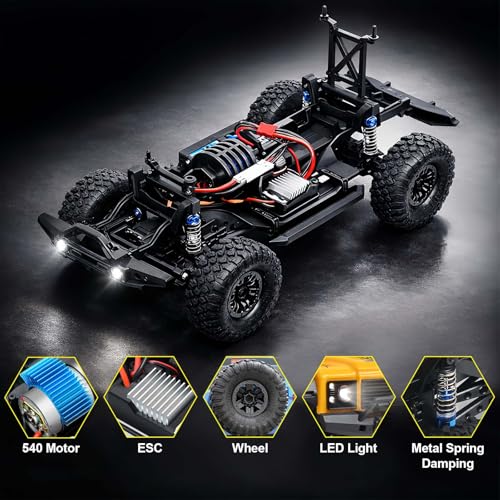RC Cars RC Crawler 1/10 Scale RTR Remote Control Car 4WD 2.4GHz Brushed Offroad Racing Hobby Grade Model Vehicle with LED Lights 2Pcs Battery Toy for Kids and Adults - color: E-black