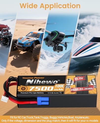 3S Lipo Battery 7500mAh 11.1V 100C Hardcase EC5 for RC Car Boat 2pcs | 11.1V RC Battery Hard Case Protects Cells from Impacts, 7500mAh Extended Runtime, for 1/7 1/8 RC Car Truck Truggy Boat Drone - style: 2x 11.1V 7500mAh