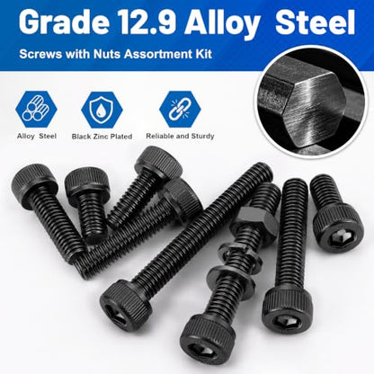 190PCS M6 Screws with Nuts Assortment Kit | M6x8/10/12/16/20/25/30/35 mm, Hex Socket Head Cap Bolts, 12.9 Alloy Steel, Black Zinc Plated, Anti-Rust, For DIY, furniture - size: G12.9 M6 190PCS