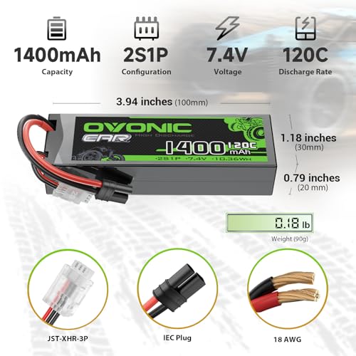 OVONIC 2S 120C 1400mAh lipo Battery with IEC Plug [2Pcs in 1 Package]