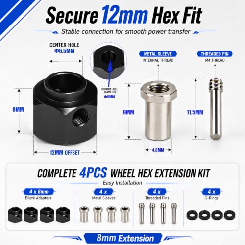 4PCS 12mm Hex Hub 8mm Offset Wheel Hex Extension for Traxxas TRX4 TRX6 1/10 | CNC Metal Wheel Spacer for RC Crawlers Helps Increase Track Width and Side-Hill Stability Reduce Vibration Add Tire Clearance - color: black