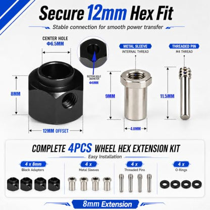 4PCS 12mm Hex Hub 8mm Offset Wheel Hex Extension for Traxxas TRX4 TRX6 1/10 | CNC Metal Wheel Spacer for RC Crawlers Helps Increase Track Width and Side-Hill Stability Reduce Vibration Add Tire Clearance - color: black