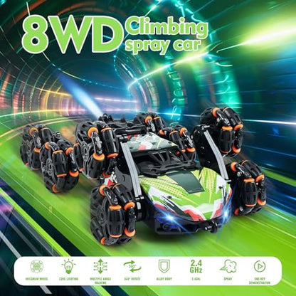 8 Wheels Remote Control Car - Birthday Gifts for 6 7 8 9 10 11 12 Years Old Boys, Gesture Sensing RC Stunt Car with Lights & Spray & 360 Degree Flips, 2.4Ghz Climbing Toys for Kids Age 6-12