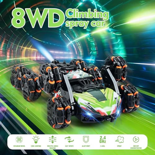 8 Wheels Remote Control Car - Birthday Gifts for 6 7 8 9 10 11 12 Years Old Boys, Gesture Sensing RC Stunt Car with Lights & Spray & 360 Degree Flips, 2.4Ghz Climbing Toys for Kids Age 6-12