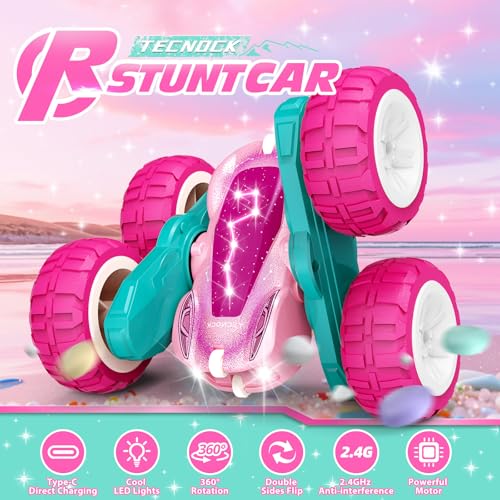Tecnock Pink Remote Control Car for Girls and Boys, 2.4GHz RC Cars with USB-C Easy Charging, 4WD Double Sided 360° Rotates and Flips RC Stunt Car, Toys Gift for Kids Ages 6-8, 8-12 - color: Pink