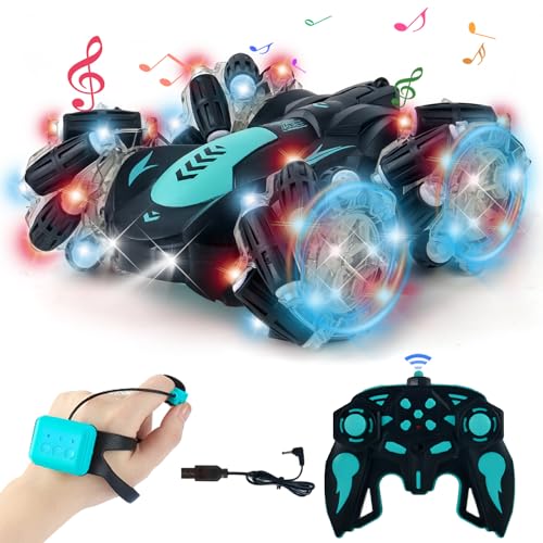 Gesture Sensing RC Stunt Car with Light, 2.4G 4WD Hand Controlled Gravity Remote Control Car Toy with 360° Flips Car for Boys Age 6 and Up Blue