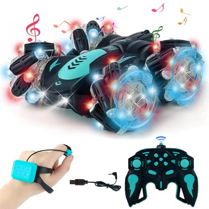 Gesture Sensing RC Stunt Car with Light, 2.4G 4WD Hand Controlled Gravity Remote Control Car Toy with 360° Flips Car for Boys Age 6 and Up Blue
