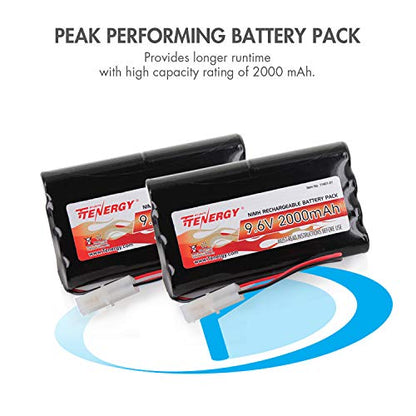 Tenergy 9.6V Flat NiMH Battery Packs for RC Car, High Capacity 8-Cell 2000mAh Rechargeable Battery Pack, Replacement Hobby Battery Pack with Standard Tamiya Connectors (2 Battery Packs + 1 Charger) - size: 2 Battery Packs + Charger