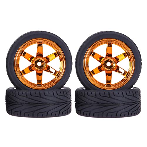 4PCS 1:10 RC Tires and Plastic Wheels Rims for 1/10 Scale On Road Touring Racing Drift Car HSP HPI Tamiya (Orange) - color: Orange