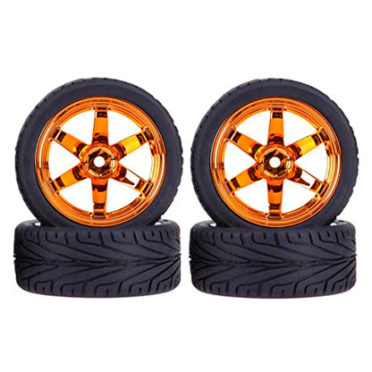 4PCS 1:10 RC Tires and Plastic Wheels Rims for 1/10 Scale On Road Touring Racing Drift Car HSP HPI Tamiya (Orange) - color: Orange