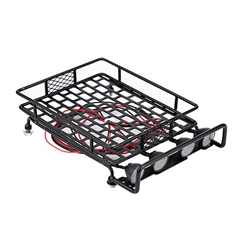 Large Size Roof Rack Luggage Carrier with LED Light Round, RC Roof Rack for Axial SCX10 1/10 Scale RC Crawler Car, Metal RC Roof Rack with 4 LED Lights, Remote Control Function, Du (White Light)