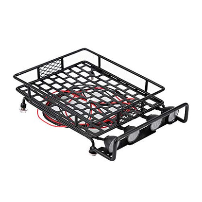Large Size Roof Rack Luggage Carrier with LED Light Round, RC Roof Rack for Axial SCX10 1/10 Scale RC Crawler Car, Metal RC Roof Rack with 4 LED Lights, Remote Control Function, Du (White Light)