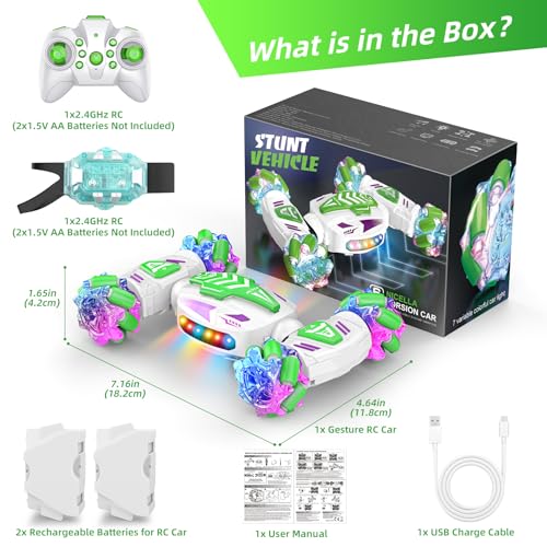 Nicella Gesture Sensing RC Stunt, Remote Control Car 360° Rotating 4WD 2.4Ghz RC Cars Transform Hand Controlled Car Toys with Light & Music, Best Gifts for Boys Age 6-7 8-12 - color: Green