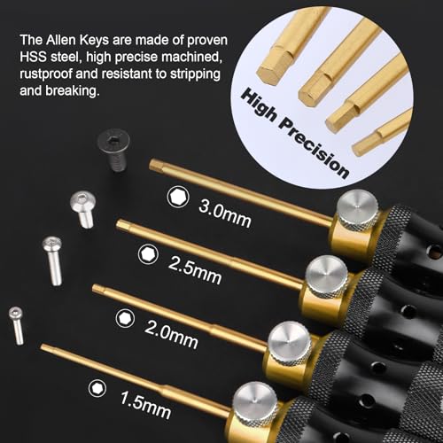 HobbyPark Titanium Hex Driver Allen Screwdriver Set 1.5mm 2.0mm 2.5mm 3.0mm Extended Thickened Handle for RC Crawler RC Car Truck Buggy On Road Touring Drift (Black & Gold Handle)