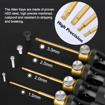 HobbyPark Titanium Hex Driver Allen Screwdriver Set 1.5mm 2.0mm 2.5mm 3.0mm Extended Thickened Handle for RC Crawler RC Car Truck Buggy On Road Touring Drift (Black & Gold Handle)