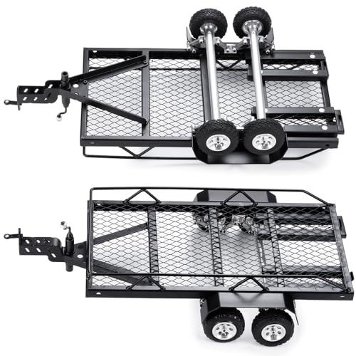 RC Trailer for Hauling Behind Car with Hook for 1/24 SCX24 FCX24 | Metal Flatbed Hitch Mount Trailer RC Crawler Car Heavy Duty Truck Trailer Upgrades