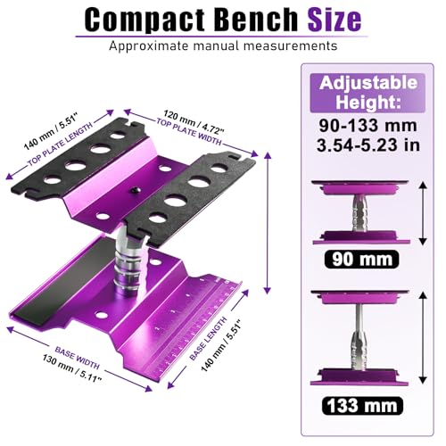 RC Car Repair Stand, Aluminum Workstation, 360° Rotating, Height Adjustable | Secure foam cradle, Magnetic fastener strip, shock service port, ruler grid, smooth turning, fit 1/8 1/10 1/12 Rc car - color: Lift Lower Purple