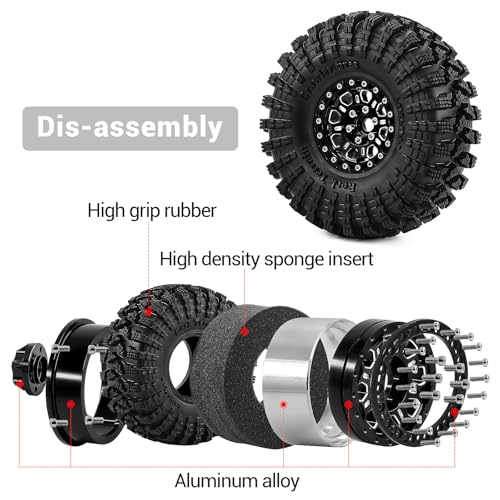 1.9" Beadlock Wheels and Tires 120mm (4.72in) for TRX4 SCX10 1/10 RC Crawler Upgrade Parts (Black-2, 4Pcs) - color: Black-2