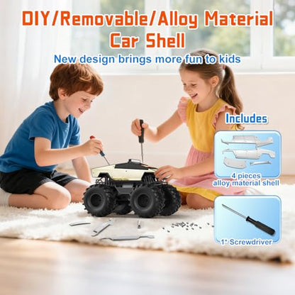 Amphibious Monster Truck with LED Eyes, 1:18 Rechargeable Remote Control Car, 2.4 GHz Waterproof RC Cars Toy Truck, 4WD All Terrain Off-Road Pickup, Toys for 6+ Year Old Kids Christmas Birthday Gifts - color: Light Gold