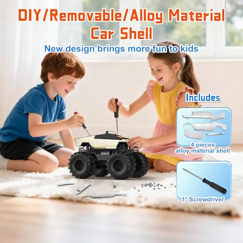 Amphibious Monster Truck with LED Eyes, 1:18 Waterproof Remote Control Car | 2.4 GHz Rechargeable RC Cars Toy Truck, 4WD All Terrain Off-Road Pickup, Toys for 6+ Year Old Kids Christmas Birthday Gifts - color: Light Gold