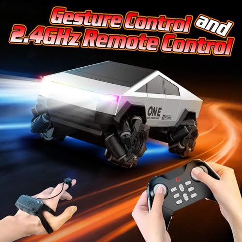 Gesture Sensing RC Stunt Car, RC Drift Car 360°Rotating Drifting RC Cars 1/28 4WD Drift RC Stunt Cars with Colorful Light 2.4GHz Remote Control Truck Gifts Toy for Kids Boys 8-12 - color: Silver