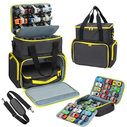 Tote Toy Cars Storage Bag with Inner Pouches – Holds 96 Cars and 24 Monster Trucks, Toy Cars Organizer Storage for Matchbox, Monster Trucks (Yellow)