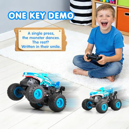 DYODYORC Remote Control Car, 2.4Ghz All Terrain Shark Monster Truck Toys, RC Truck with Music, 3 Lighting Effects, 360 Stunt Capable, 2 Batteries Ready to Run, Toy Gifts for Boys and Girls (Blue) - color: Blue Shark