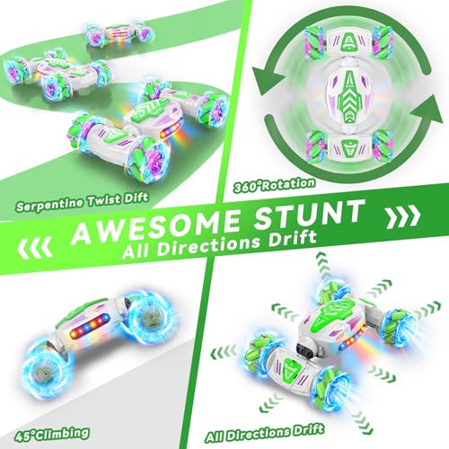 Nicella Gesture Sensing RC Stunt, Remote Control Car 360° Rotating 4WD 2.4Ghz RC Cars Transform Hand Controlled Car Toys with Light & Music, Best Gifts for Boys Age 6-7 8-12 - color: Green