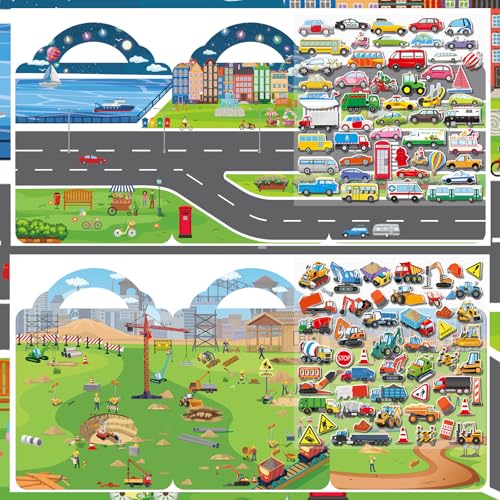 Elfew 2 Pack Puffy Vehicle Sticker Books for Toddlers Ages 2-4 3-5 | Extra-Large Tri-Fold Sticker Book, Construction Truck and Car Theme, Over 100+ Stickers, 3D Reusable, Activity Gifts for Boy - color: Construction and Vehicle