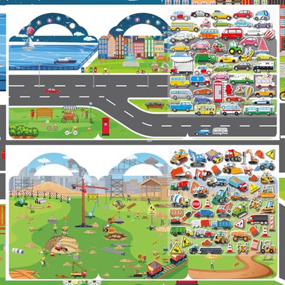 Elfew 2 Pack Puffy Vehicle Sticker Books for Toddlers Ages 2-4 3-5 | Extra-Large Tri-Fold Sticker Book, Construction Truck and Car Theme, Over 100+ Stickers, 3D Reusable, Activity Gifts for Boy - color: Construction and Vehicle