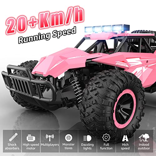 kolegend Remote Control Car for Girls 50+min Monster Trucks 20km/h 1:12 Scale 13 Inch All Terrains RC Truck with Flashing Chassis Lights Gift Toys for Girls Kids Boys - color: Pink