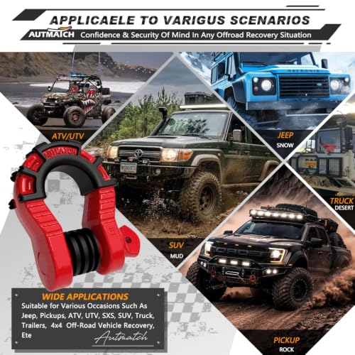AUTMATCH D Ring Shackles 3/4" Mega Shackle (2 Pack) 68,000Ibs Break Strength - Heavy Duty Clevis Shackles with 7/8" Screw Pin and Isolator Washer for Tow Strap Winch Off Road Vehicle Recovery, Red - color: Red