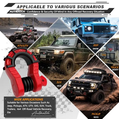 AUTMATCH D Ring Shackles 3/4" Mega Shackle (2 Pack) 68,000Ibs Break Strength - Heavy Duty Clevis Shackles with 7/8" Screw Pin and Isolator Washer for Tow Strap Winch Off Road Vehicle Recovery, Red - color: Red